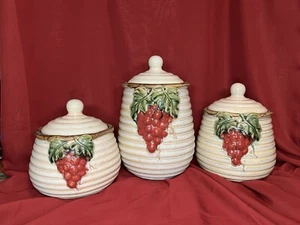 Majolica Glazed Stoneware Beehive/Grape Silicone Sealed 3 Piece Canister Set - Picture 1 of 5