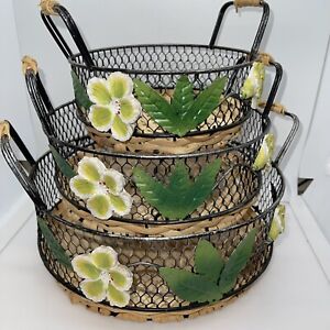 Baskets Set of 3 Rattan Wicker & Metal With Handles And Tropical Flower Accents