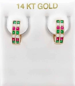 LAB CREATED EMERALD, RUBY & WHITE SAPPHIRE HUGGIES EARRING 14K YELLOW GOLD - NWT - Picture 1 of 5