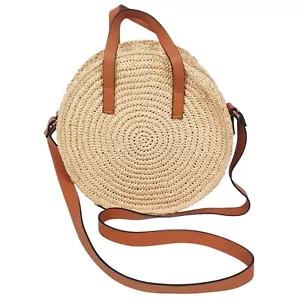 H & M Wicker Paper Straw Round Crossbody Handbag Top Handle Strap Zipper - Picture 1 of 6