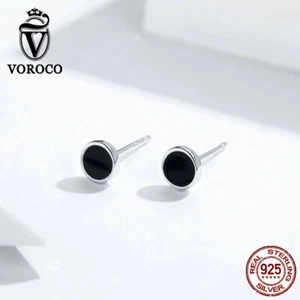 Voroco Earrings S925 Sterling Silver Black Slice Charm CZ European Women Jewelry - Picture 1 of 11