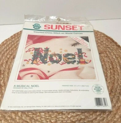 Counted Cross Stitch Kit Sunset A Musical Noel Vintage 1994 Waste Canvas - Image 1 of 2