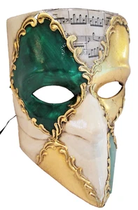 CASANOVA/ - HANDMADE IN ITALY, VENETIAN MASQUERADE PAPIER MACHE MASK, GREEN/GOLD - Picture 1 of 3