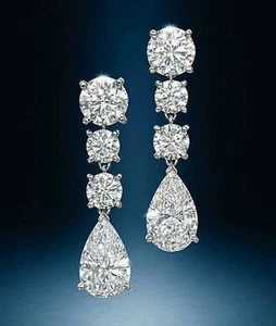 10ct Long Earring Solid 925 Sterling Silver White Wedding Jewelry Pear Round - Picture 1 of 2