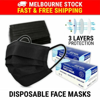 100PCS Face Mask Black 3 Layer Protective Mouth Masks Filter Respirator General - image 1 of 4