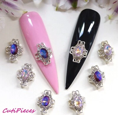 Arte en uñas 3D rosa púrpura cruz ovalada estrás marco plateado joya gema aleación metal Foto 1 de 4