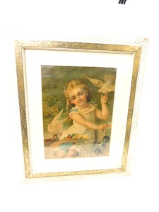 LITOGRAFÍA VINTAGE ENMARCADA 222/110 26"X31" ~ HERMOSA NIÑA CON PÁJAROS Y CEREZO - Imagen 1 de 3