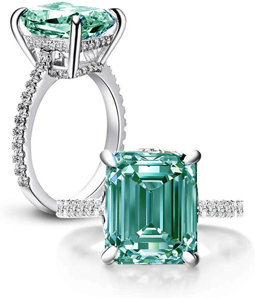 5.60 Ct VVS1 : WHITE BLUE EMERALD CUT MOISSANITE DIAMOND SILVER RING-SIZE 7 - Image 1 of 1