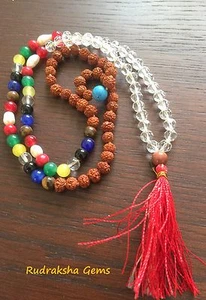CRYSTAL RUDRAKSHA PLANETARY BUDDHIST YOGA MALA BEADS NAVRATANA ROSARY HEALING OM - Foto 1 di 3