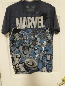 Marvel Men's Small Tee Shirt Blue with Silver Metallic -All Characters- Disney - Picture 1 of 5