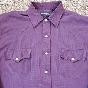 Vtg Buckingham Large Pearl Snap Navy & Purple Gingham Plaid Western Shirt Cowboy - Picture 1 of 10