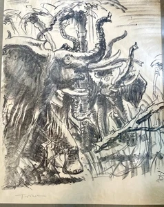 Fritz Behn Lithographie Afrika Stoßzahn Elefanten Herde gelisteter Künstler - Bild 1 von 9