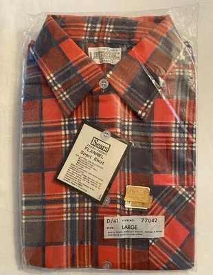 VTG 70s Sears Flannel Shirt Red Plaid Perma Prest Large Deadstock New NOS - Image 1 of 4