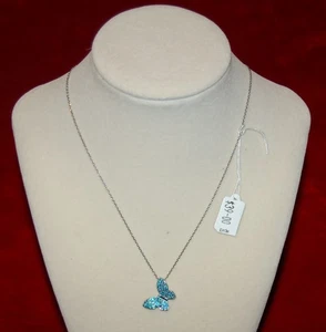 VINTAGE JEWELRY Necklace Blue Crystals Butterfly Pendant Chain - Picture 1 of 4