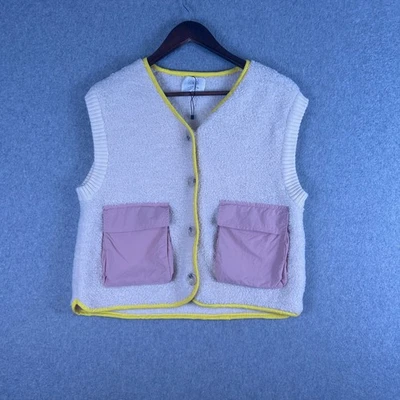 Zara Vest Girl's 13/14 Ivory Bouclé Pink Pockets Yellow Trim Button Front Preppy - Image 1 of 4
