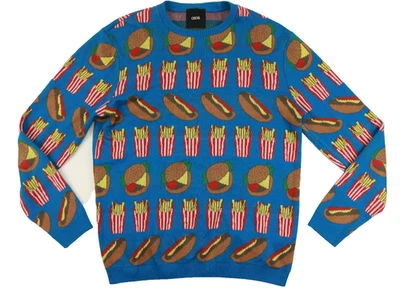 ASOS Sweater Pullover Burgers Hot Dogs & French Fries Blue Small - Image 1 of 4