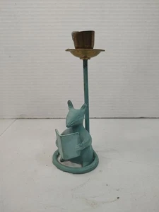 Brass Candle Holder Mouse Reading Book Candlestick Green Patina 6.5" High - Picture 1 of 9
