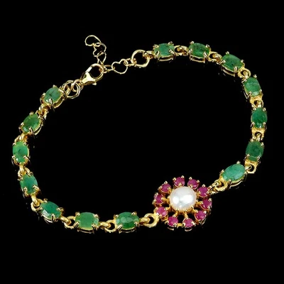 925 Sterling Silver Bracelet Oval Emerald 6x4mm Ruby Gemstone Jewelry 7.5inches - Image 1 of 4