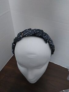 Womens Wide Black Velvet Headband with Black beads flower Hair Band Headwrap