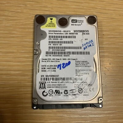 Western Digital WD2500BEVS-60UST0 P/N 455019-001 Laptop 250GB 2.5" SATA HDD - Image 1 of 2