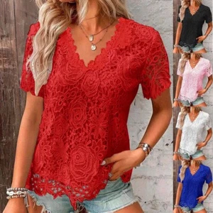 Ladies Lace V neck Blouse Tee Short Sleeve Summer Tops Casual T-shirts PLUS SIZE - Picture 1 of 13