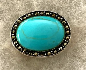 Sterling Markasit & Türkis ovaler Ring gemarkt 925 Größe 8 - 7,1 Gramm - Bild 1 von 10