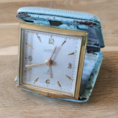 Vintage Roamer Swiss Travel 8 Day Alarm Clock In Light Blue Casing - Working Cover
