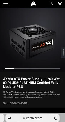 Corsair AX760 760 Watt 750 ATX 80+ Plus Platinum Fully Modular Power Supply PSU - Image 1 of 4