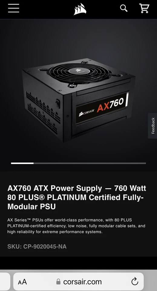 Corsair AX760 760 Watt 750 ATX 80+ Plus Platinum Fully Modular Power Supply PSU - Image 1 of 4