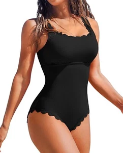 CHARMO Women’s Black One Piece Swimsuit Scalloped Ribbed Square Neck - Size L - Picture 1 of 5