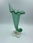 Vintage Art Glass Cornucopia Horn of Plenty Green Murano Vase