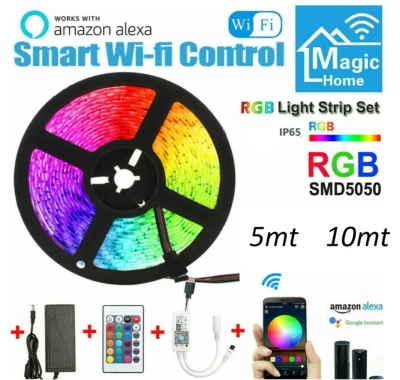 Smart Striscia LED Alexa 5M 10M Google Home WiFi 5050 RGB SMD KIT Strip LED IP65 - Immagine 1 di 4