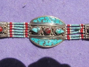 SOUTHWESTERN- style- SILVER plate /Turquoise/Red Coral BRACELET - Picture 1 of 4
