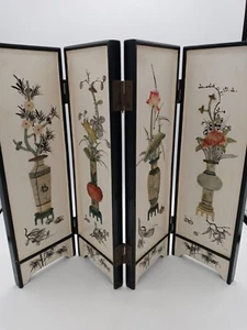 Chinese Summer Painting 14-in Tall Screen With Lacquere Carved Soapstone Panels - Picture 1 of 13