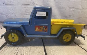 Vintage Marx Jeep Service Delivery Vehicle Pressed Steel 1950's Blue Yellow - Picture 1 of 18