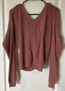 Moon & Madison Womens Sweater Size L Cropped Twisted Front Knot V Neck Ribbed