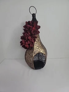 Hanging Decorative Flower Cut Brass Metal Lantern Candle Holder W/ Floral Decor - Picture 1 of 12