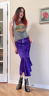 Vtg  80s purple blue crushed velvet fish tail wiggle midi skirt - Image 1 of 4