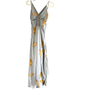 grade and gather grey silver yellow leaves long dress size small - Picture 1 of 7