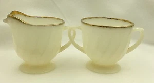 Vintage FIRE KING White Swirl Creamer & Open Sugar Bowl Oven Ware Gold Trim USA - Picture 1 of 10
