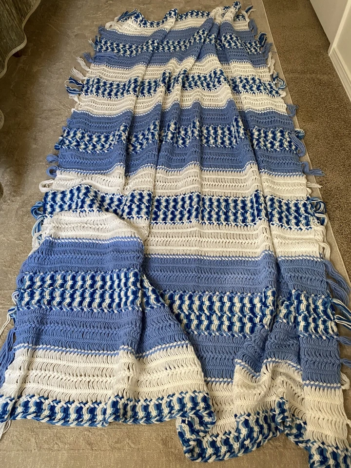 Vtg Handmade Crochet Afghan Blanket Retro 70s Fringe Stripe Blue White 86” x 64” - Image 1 of 4