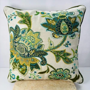 Pier 1 Imports Embroidered Boho Floral Retro Throw Pillow Green Blue - Picture 1 of 14