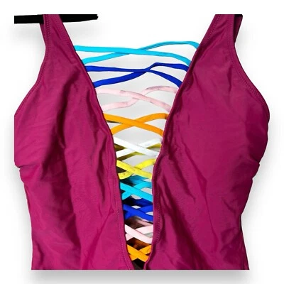 女式连体泳衣 XL 码黑色粉彩肩带深 Vee — 第 1/4 张图片