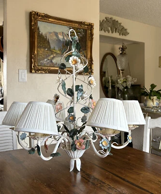 Tole Chandelier & Shades Flower Horchow Italy Vintage Shabby Chic French Country - Image 1 of 4