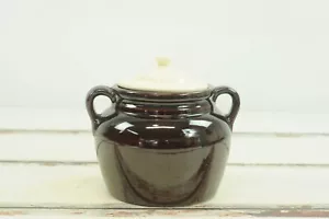 * Vintage braun Steinzeug Topf mit Griffen Bohnentopf bedeckt Glas Bohnentopf USA - Bild 1 von 10
