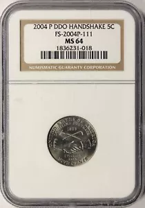 2004-P 5c Jefferson Nickel Handshake DDO Doubled Die Vorderseite NGC MS64 - Bild 1 von 4