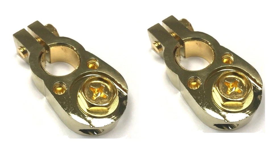 2pc Gold Battery Terminal Positive/Negative Universal any size w/ 2 8 awg inputs - Image 1 of 4