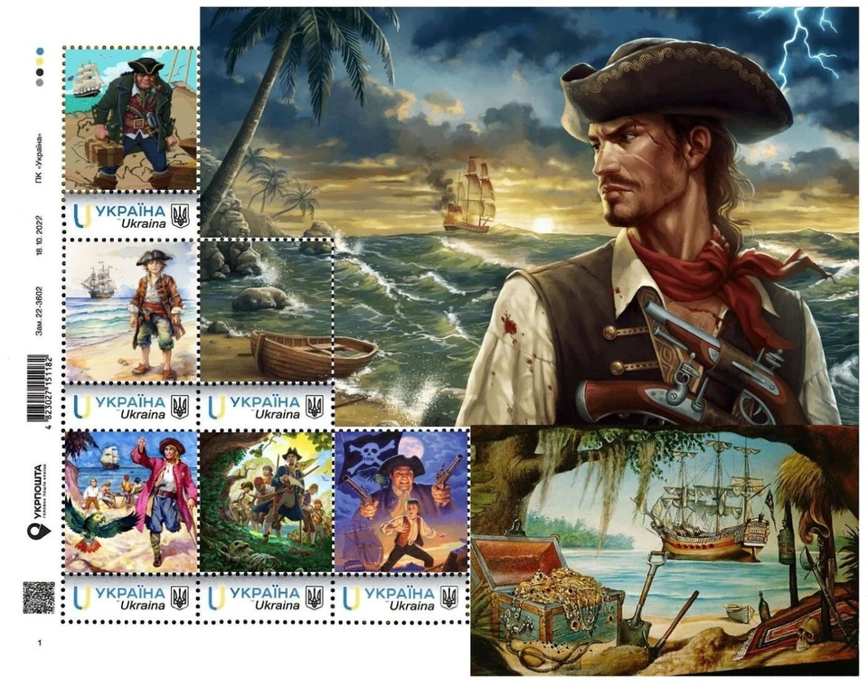 Ucrania 2022, Escritor Robert Stevenson Isla del Tesoro Loros, Piratas, Hoja 6v Foto 1 de 1