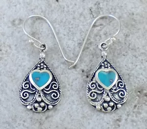 PRETTY .925 STERLING SILVER TURQUOISE FILIGREE DROP EARRINGS style# e1155 - Picture 1 of 2