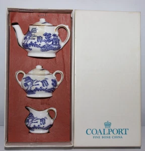 COALPORT Blue Willow Pattern Miniature Teapot Set, with Creamer & Sugar Bowl - Picture 1 of 6